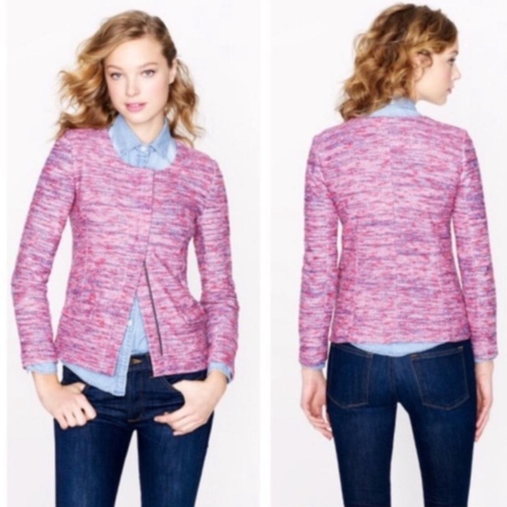 J. CREW Micro-tweed jacket in poppy pink and purple with 2 way zipper S
